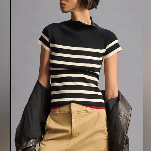 Anthropologie Maeve Mock-Neck black and white stripe Sweater Tee Size X-small - Picture 1 of 11